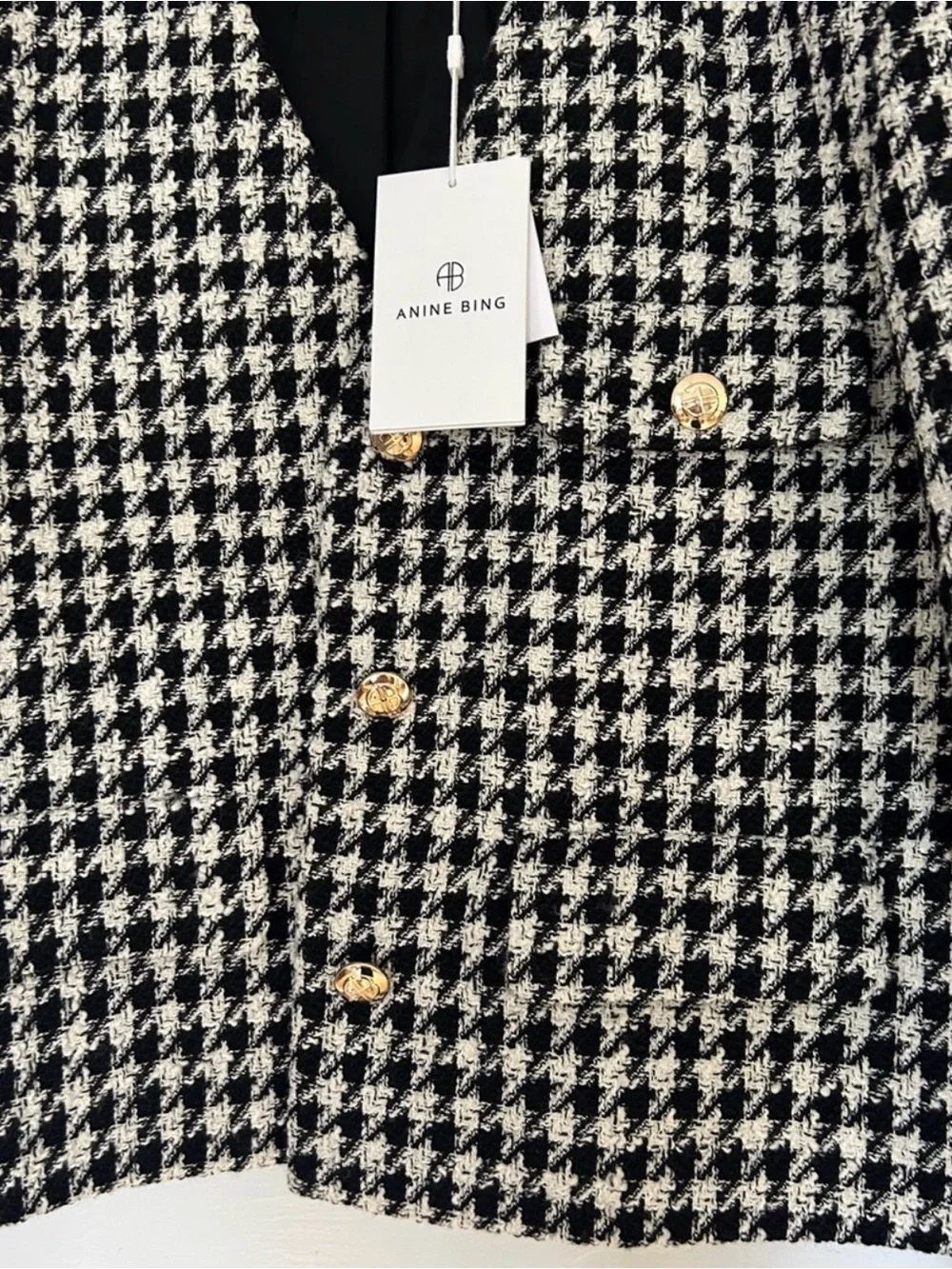 Anine Bing Black & White Houndstooth Cropped Blazer